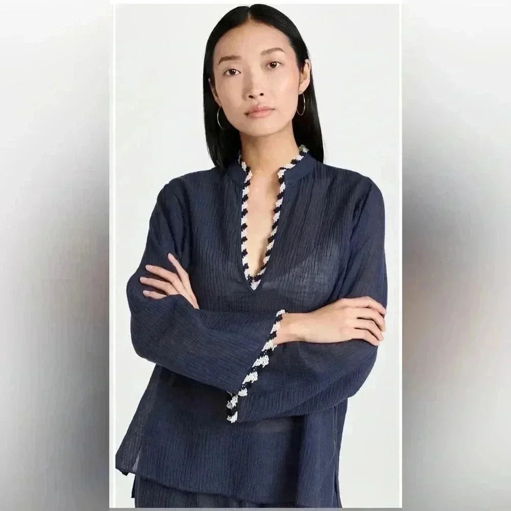 Tory Burch Women’s L Gauze Beach Shirt/Coverup in Tory Navy - NWT!! - Picture 1 of 16